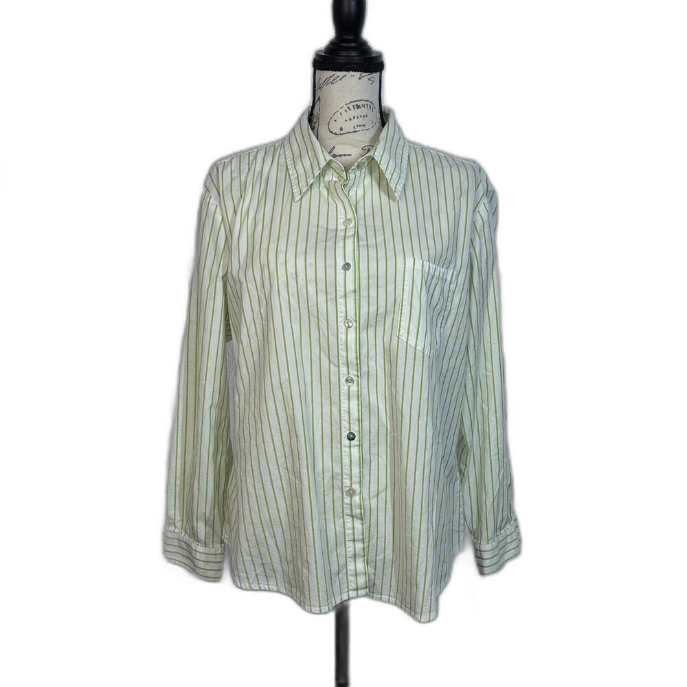 Chico's Button up collard stripped shirt‎ in green and white Women's size 3